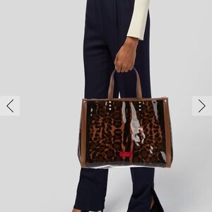 Valentino Garavani rock stud PVC Brown Leopard Tote Bag w Leather trim